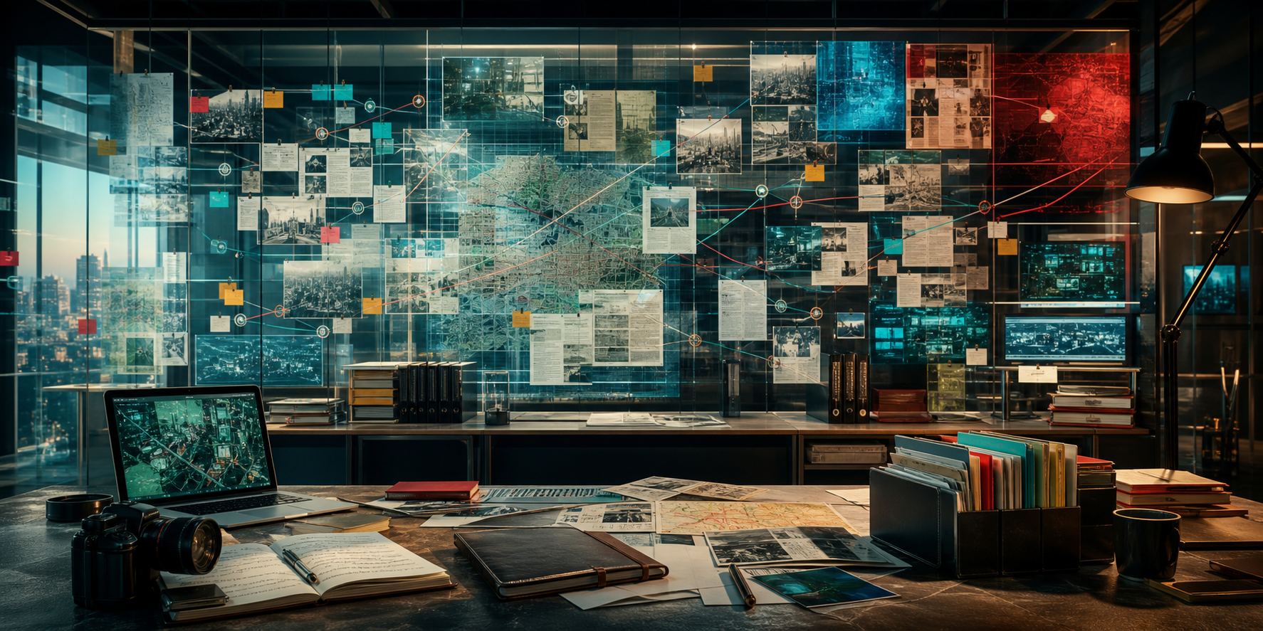 A dense editorial archive wall with maps, notes, timelines, and newsroom materials.